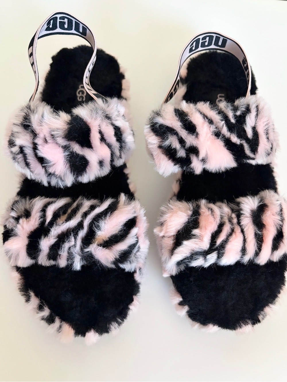 UGG Fluff Yeah Oh Yeah Animalia Zebra Print Sandals Size 8 Pink Black Slide